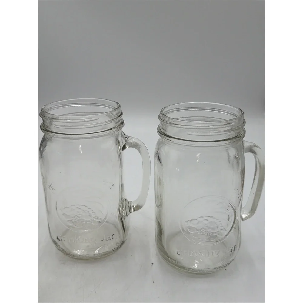 VTG Golden Harvest 32 Oz Wide Mouth Mason Drinking Jars W/Handle Set Of 4 EUC